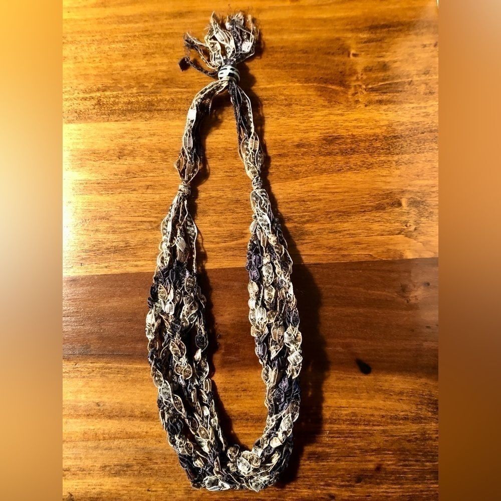 Five Strand Woven Ribbon Necklace in Tan/Grey/Black